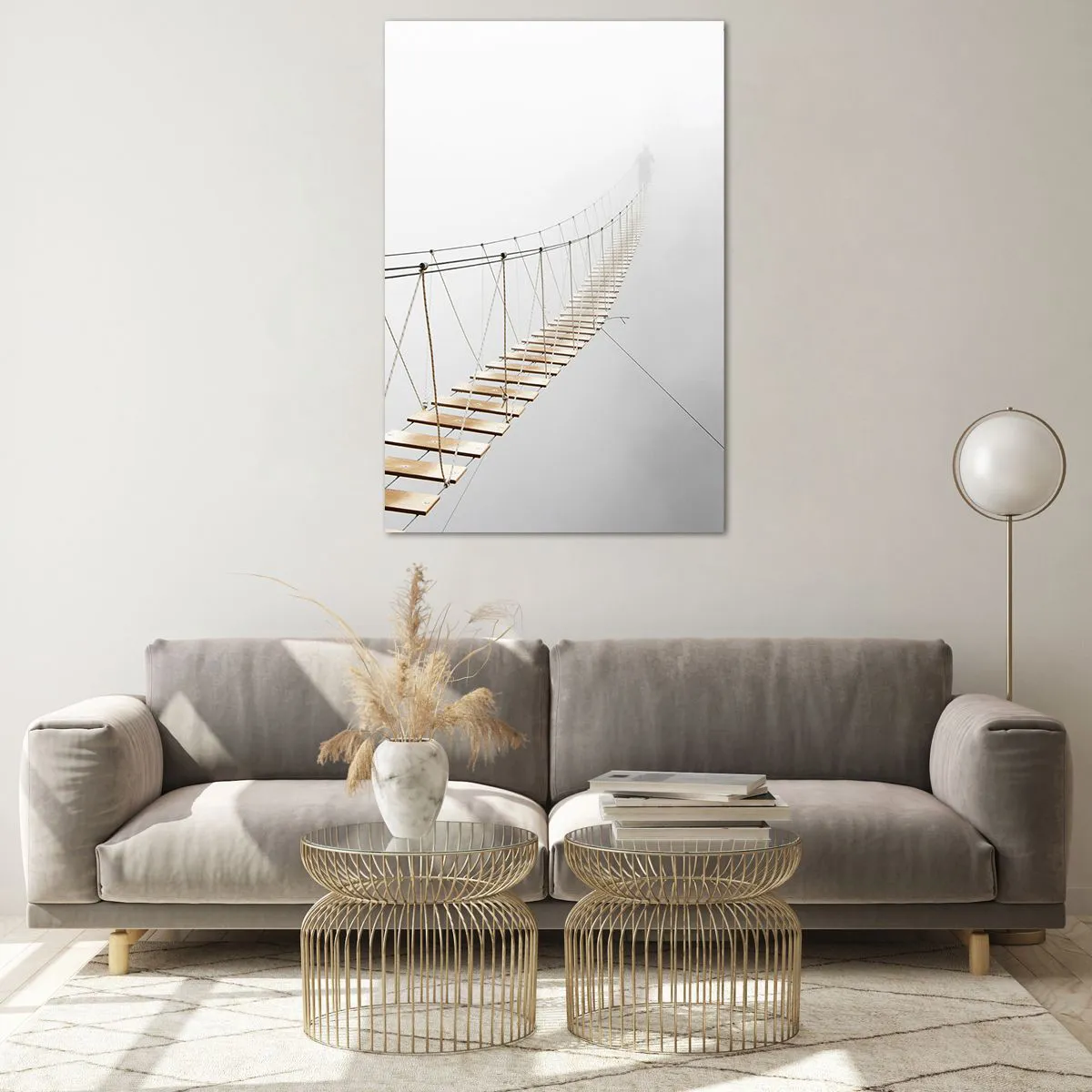 Impression sur verre - Image sur verre - Un pont suspendu dans le brouillard vu d'une perspective minimaliste - 80x120cm - Où cela va-t-il te mener? - Décoration murale moderne pour le salon et la chambre ARTTOR