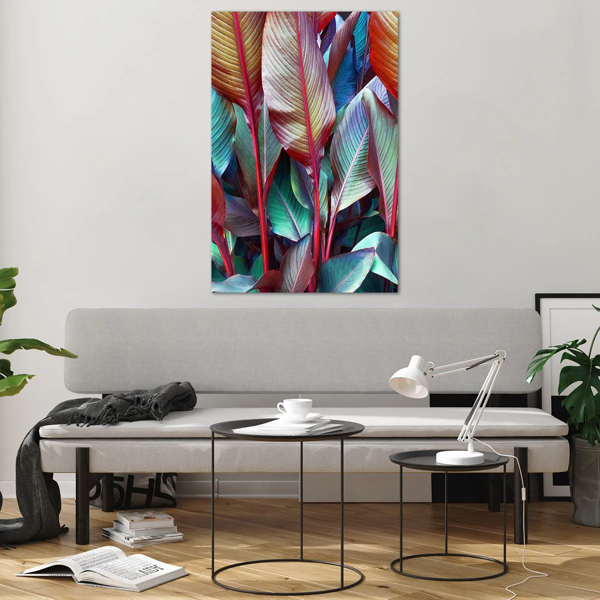Quadro su vetro - Foglie colorate di piante tropicali nel folto - 80x120cm - Selva colorata - Decorazione murale moderna per soggiorno e camera da letto ARTTOR