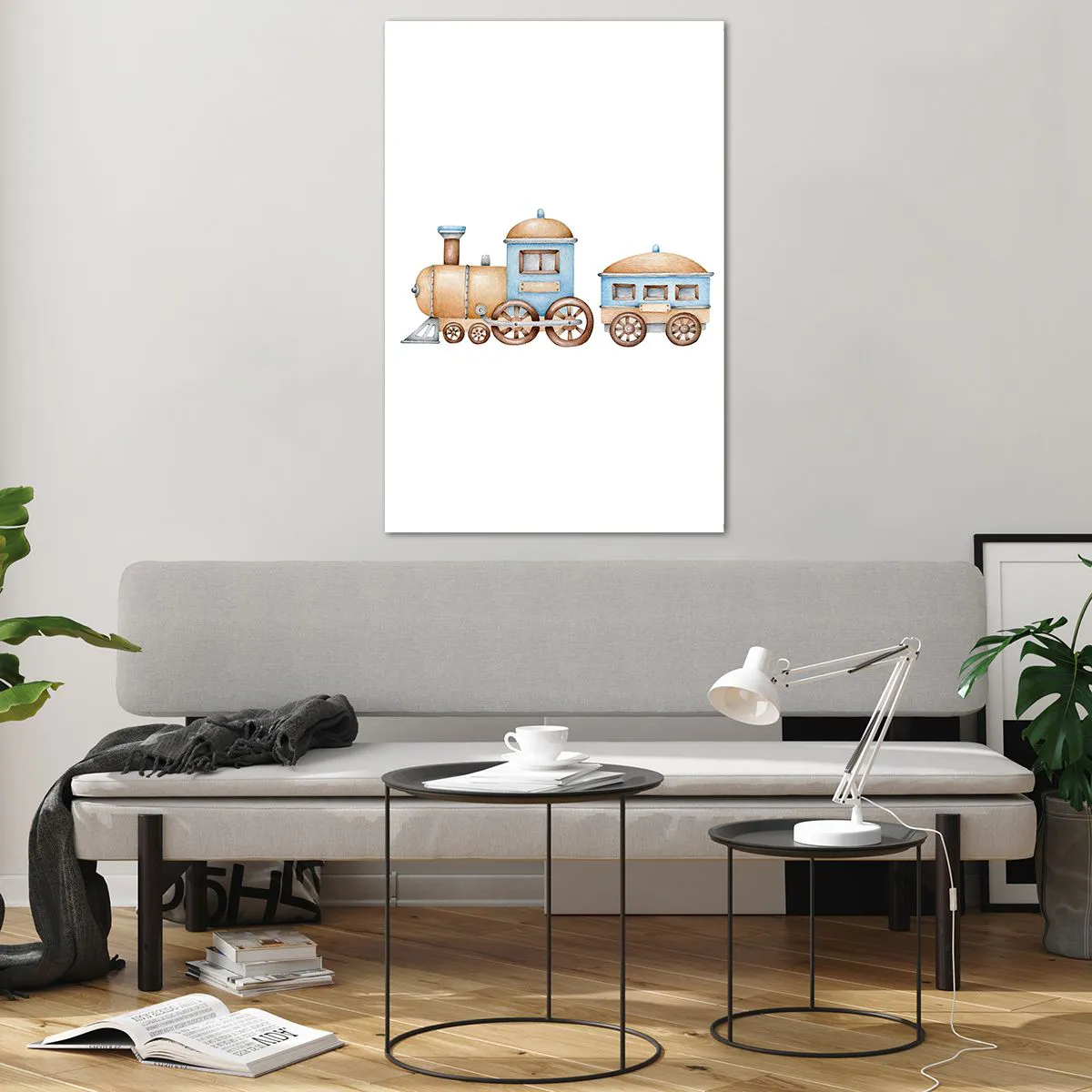 Impression sur verre - Image sur verre - Dessin d'un train aux tons pastel sur fond blanc - 80x120cm - Il est à la gare... - Décoration murale moderne pour le salon et la chambre ARTTOR