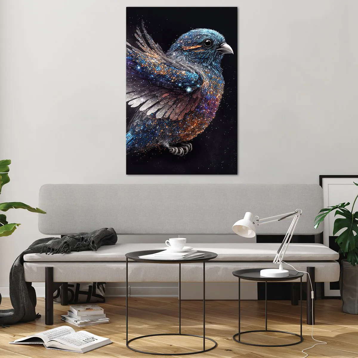 Glasbild - Bild auf glas - Ein Spatz im Space-Age-Stil mit Diamantglanz - 80x120cm - Diamantsperling - Moderne Wanddekoration für Wohnzimmer und Schlafzimmer ARTTOR