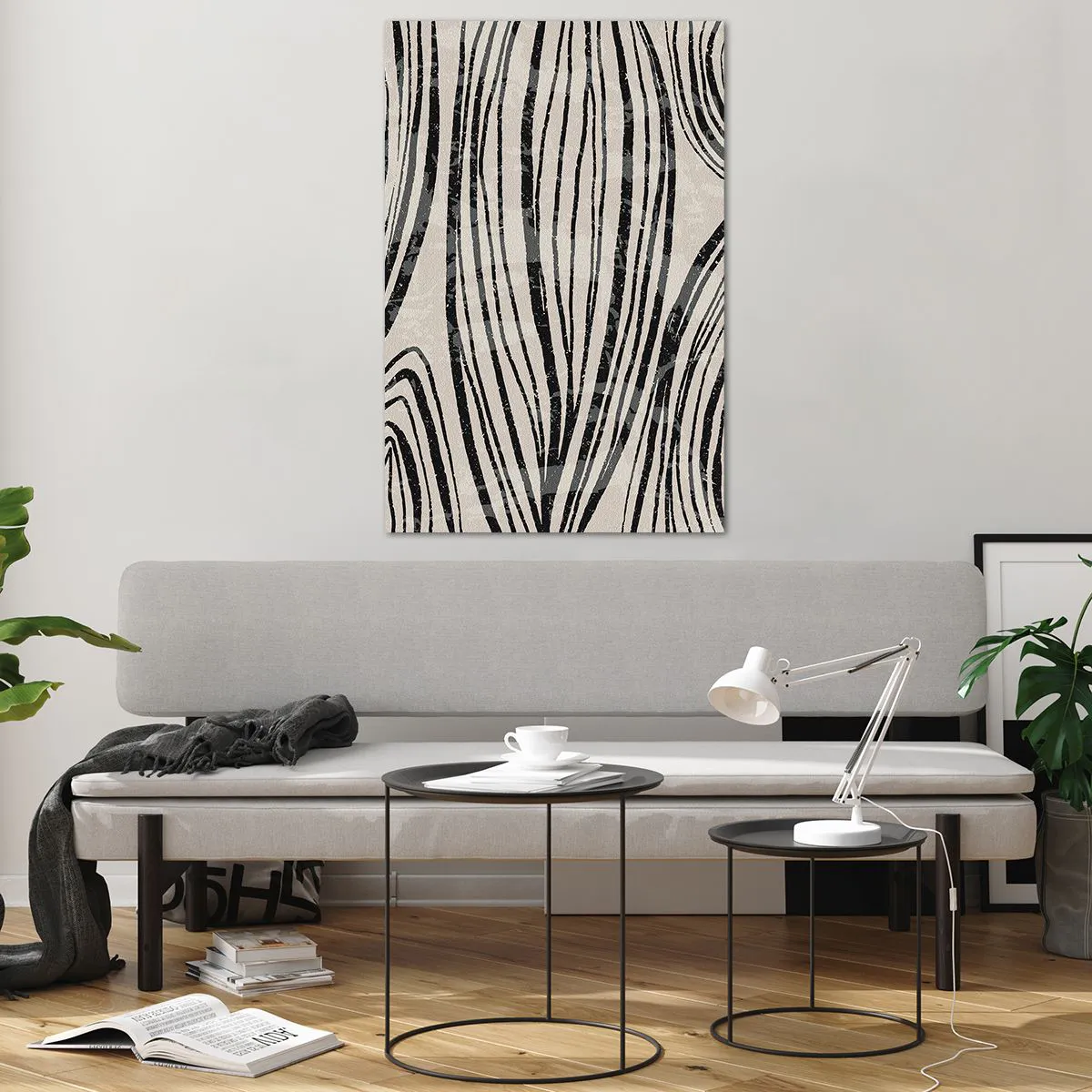 Glasbild - Bild auf glas - Abstrakte Wellen in Schwarz-Weiß-Tönen - 80x120cm - Linienpool - Moderne Wanddekoration für Wohnzimmer und Schlafzimmer ARTTOR