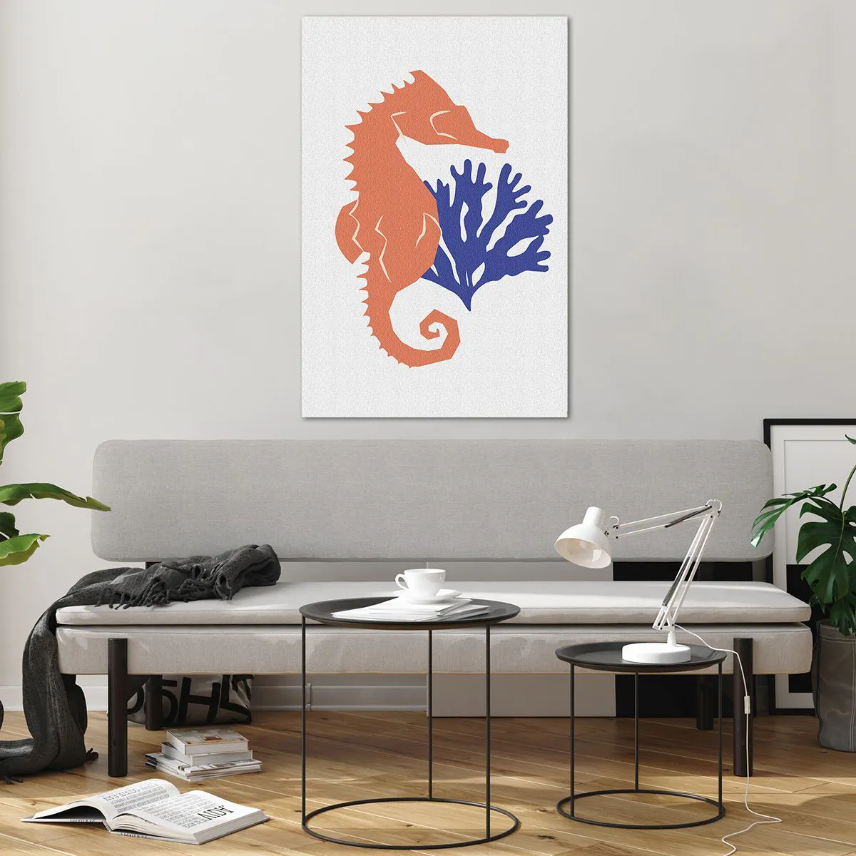 Obraz na szkle - Minimalistyczna ilustracja konika morskiego z koralowcem na jasnym tle - 80x120cm - Na podwodnej łące - Nowoczesna dekoracja ścienna do salonu i sypialni ARTTOR