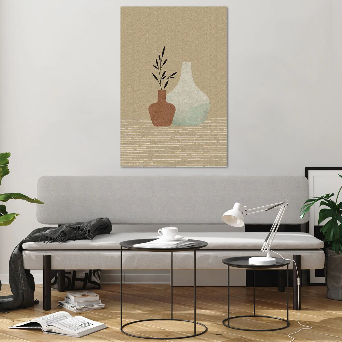 Obraz na szkle - Minimalistyczna kompozycja dwóch wazonów na beżowym tle - 80x120cm - Wazon i jego idea - Nowoczesna dekoracja ścienna do salonu i sypialni ARTTOR