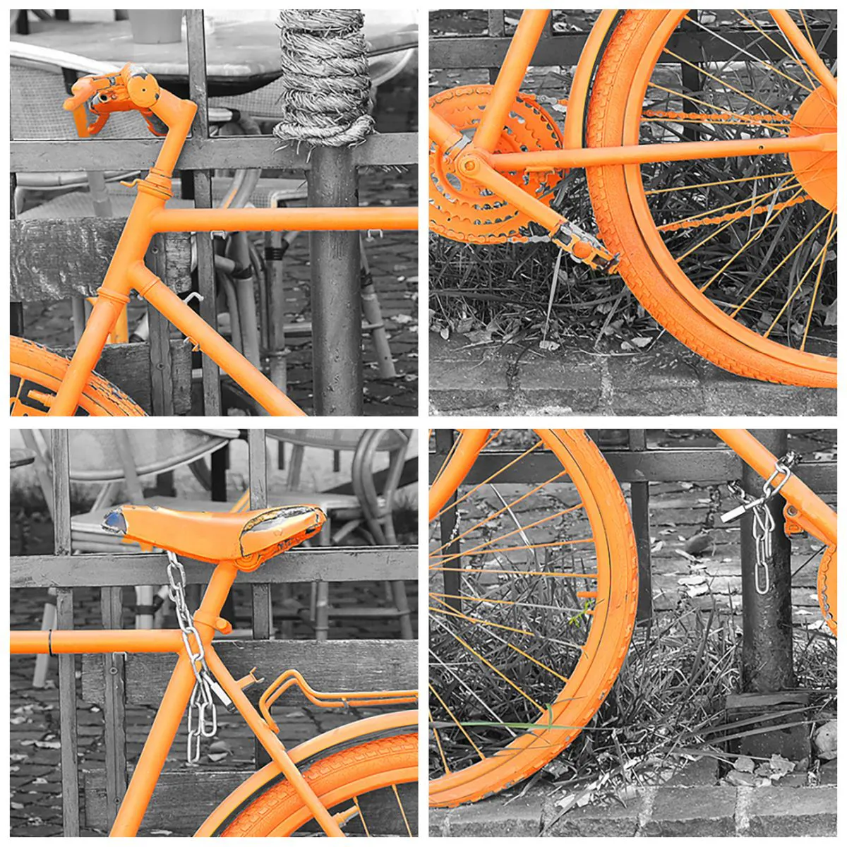 Impression sur verre - Image sur verre - Illustration d'un vélo peint en orange sur un fond noir et blanc. - 50x70cm - Allez, je vais attendre ici - Décoration murale moderne pour le salon et la chambre ARTTOR