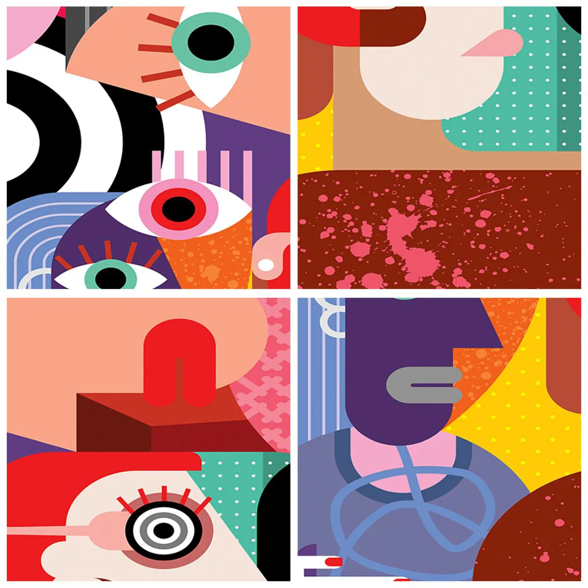 Tablou pe sticlă - Compoziție abstractă de fețe în culori vii - 70x50cm - Am venit de la domnul Picasso - Decorațiune modernă pentru perete pentru living și dormitor ARTTOR