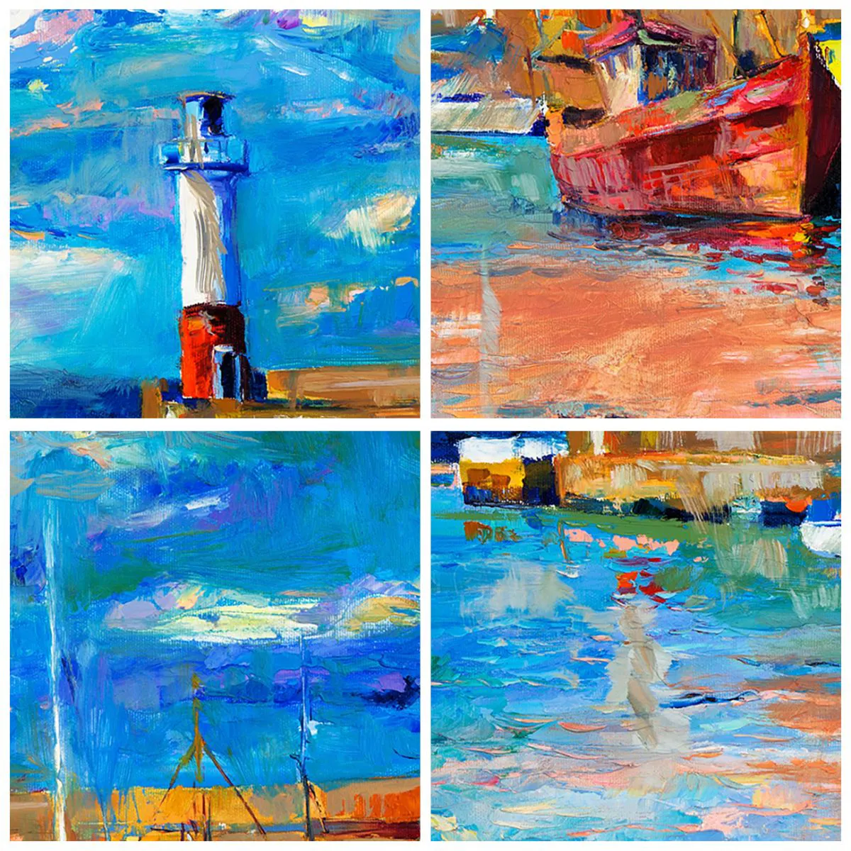 Tablou pe sticlă - Golful Rainbow cu un far și bărci colorate în port - 70x50cm - După-amiază în golful de curcubeu - Decorațiune modernă pentru perete pentru living și dormitor ARTTOR