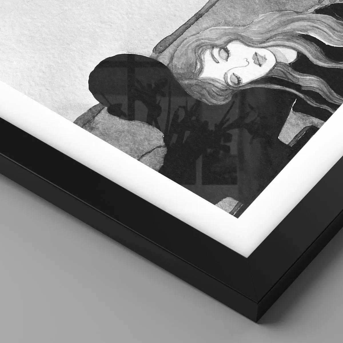 Plakat i sort ramme - Kvinde læner sig på skyggefigur, måne og vandfald - 50x70cm - Altid et mysterium - Moderne vægdekoration til stue og soveværelse ARTTOR