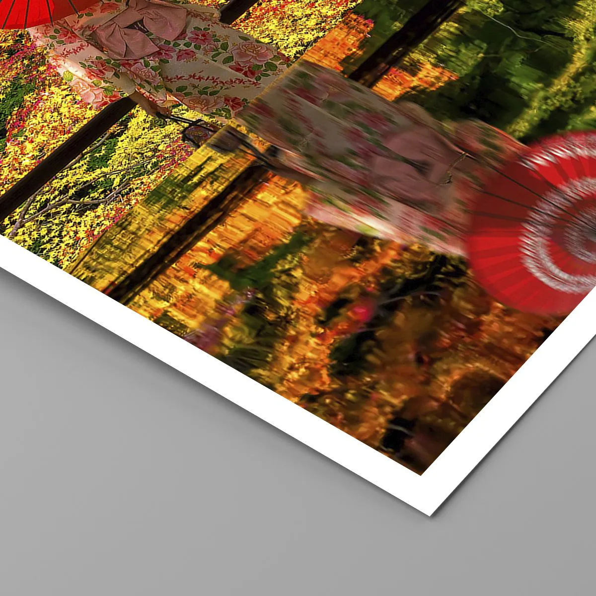 Poster - Eine Frau im Kimono mit einem roten Regenschirm vor einem Hintergrund aus Herbstblättern. - 50x70cm - Im Tempel der Natur - Moderne Wanddekoration für Wohnzimmer und Schlafzimmer ARTTOR