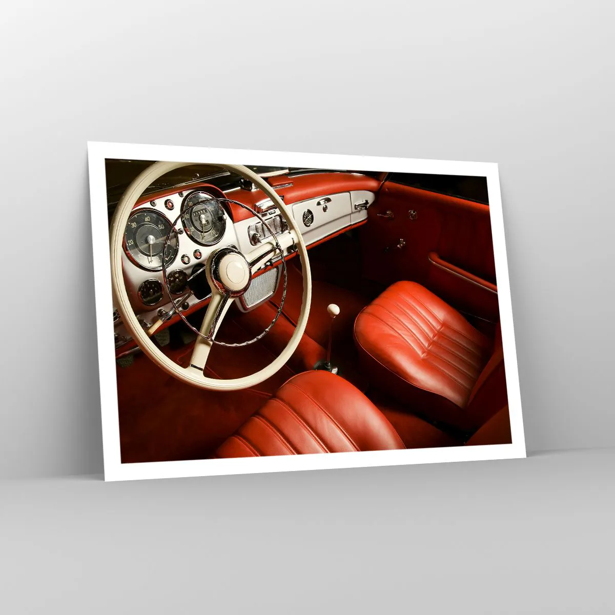 Poster - Oldtimer-Innenraum mit roten Ledersitzen - 100x70cm - Luxus im Vintagestil - Moderne Wanddekoration für Wohnzimmer und Schlafzimmer ARTTOR
