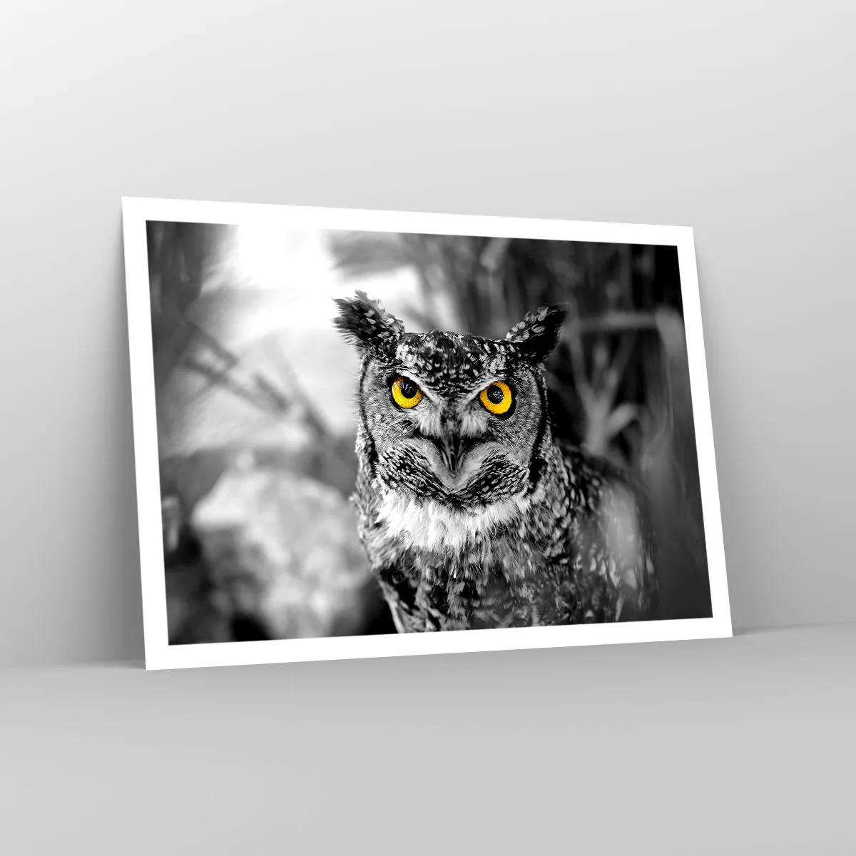 Poster - Uno scatto in bianco e nero di un gufo con gli occhi gialli - 100x70cm - Non si può nascondere niente - Decorazione murale moderna per soggiorno e camera da letto ARTTOR