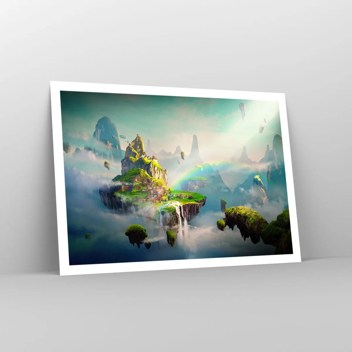 Poster - Isole volanti tra le nuvole con un arcobaleno all'orizzonte - 100x70cm - In mezzo al cielo: isole fortunate - Decorazione murale moderna per soggiorno e camera da letto ARTTOR