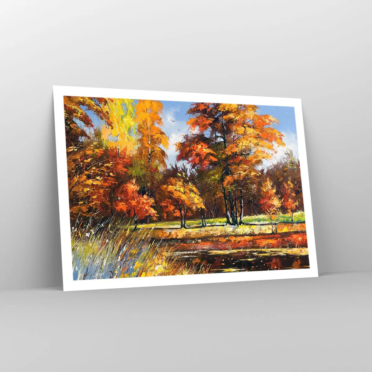 Affiche - Poster - Paysage d'automne avec des arbres colorés et un étang - 100x70cm - Paysage en or et bronze - Décoration murale moderne pour le salon et la chambre ARTTOR