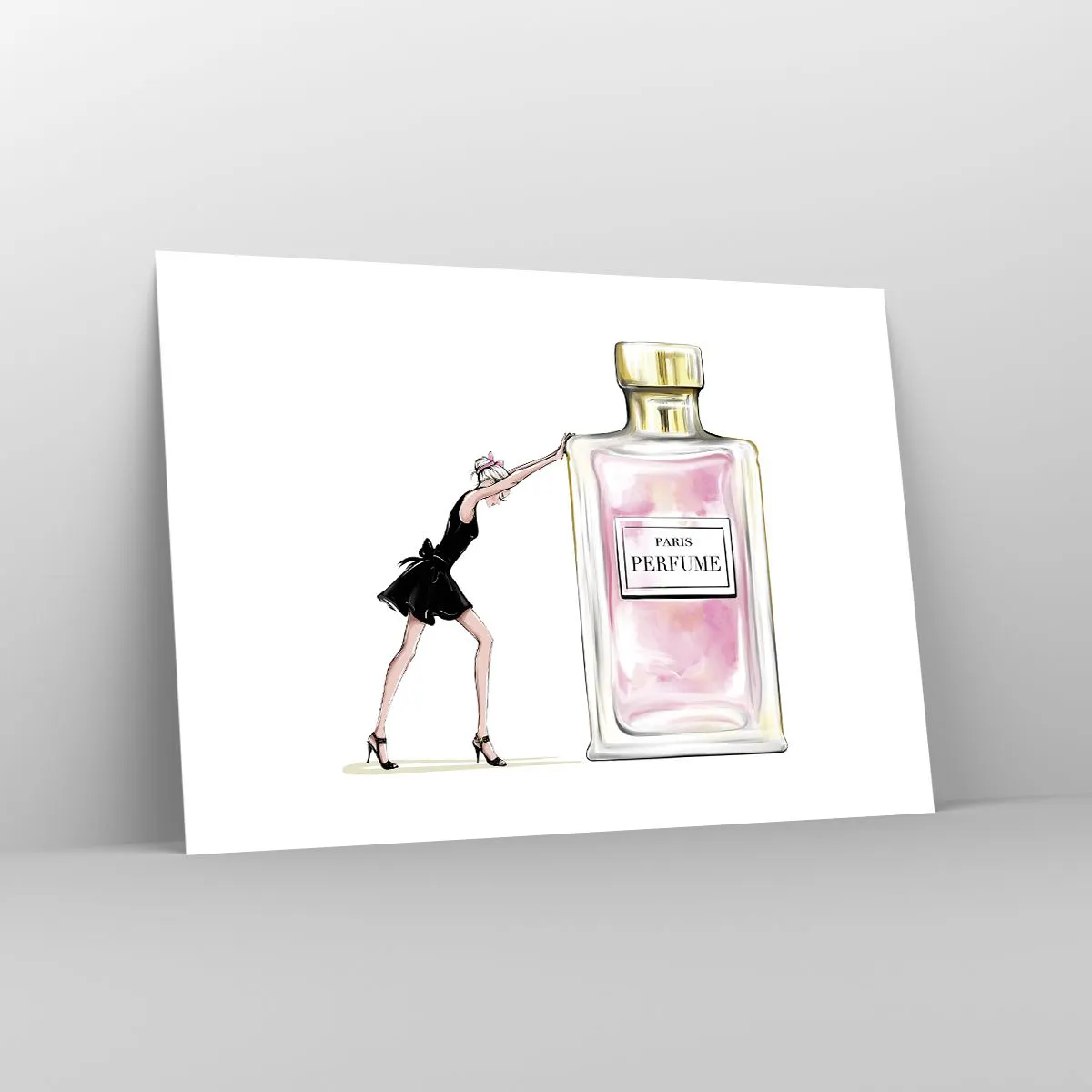 Plakat - Kobieta w czarnej sukience przy flakonie perfum - 100x70cm - Esencja kobiecości - Nowoczesna dekoracja ścienna do salonu i sypialni ARTTOR