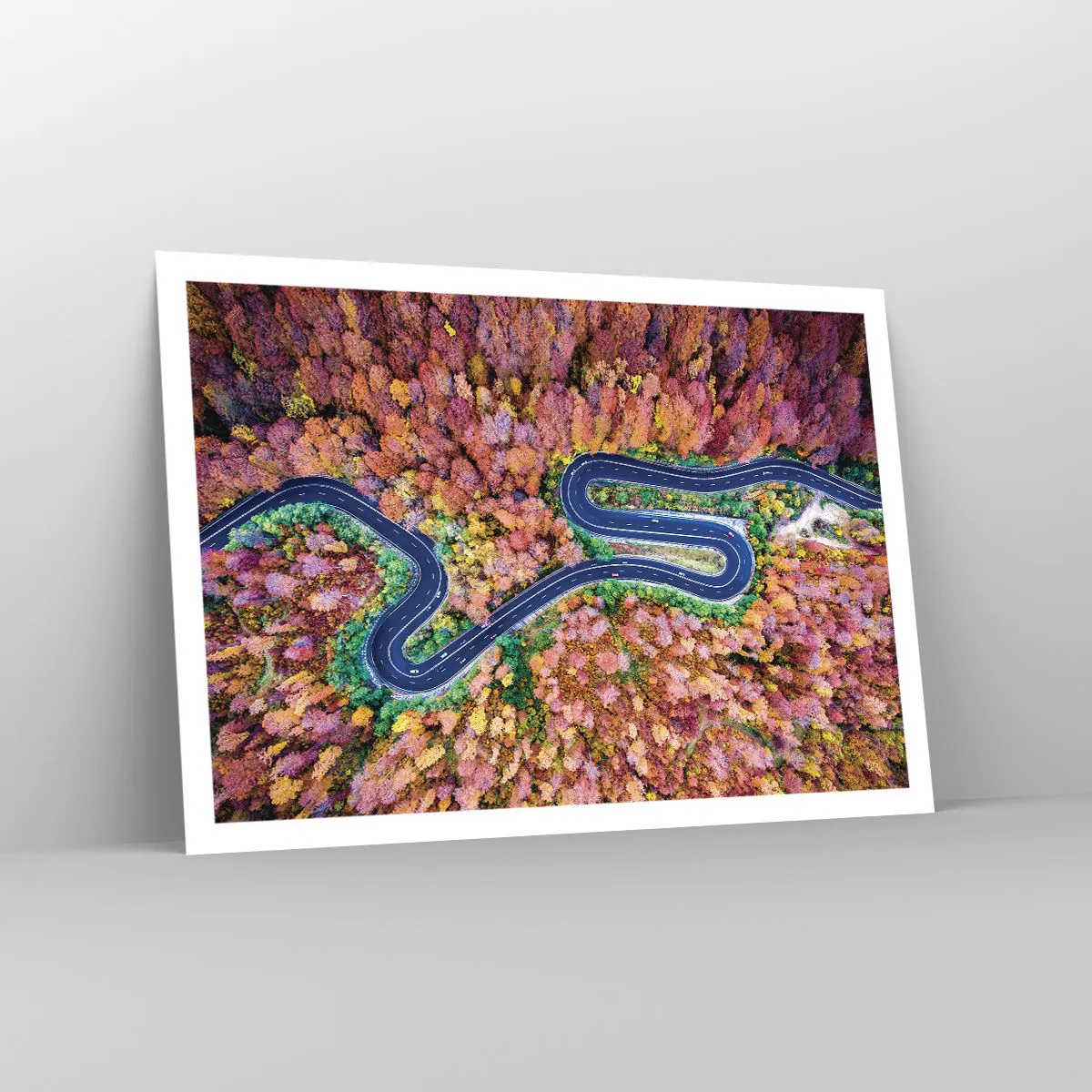 Affiche - Poster - Une route sinueuse dans une forêt d'automne vue à vol d'oiseau - 100x70cm - Route sinueuse à travers la forêt - Décoration murale moderne pour le salon et la chambre ARTTOR