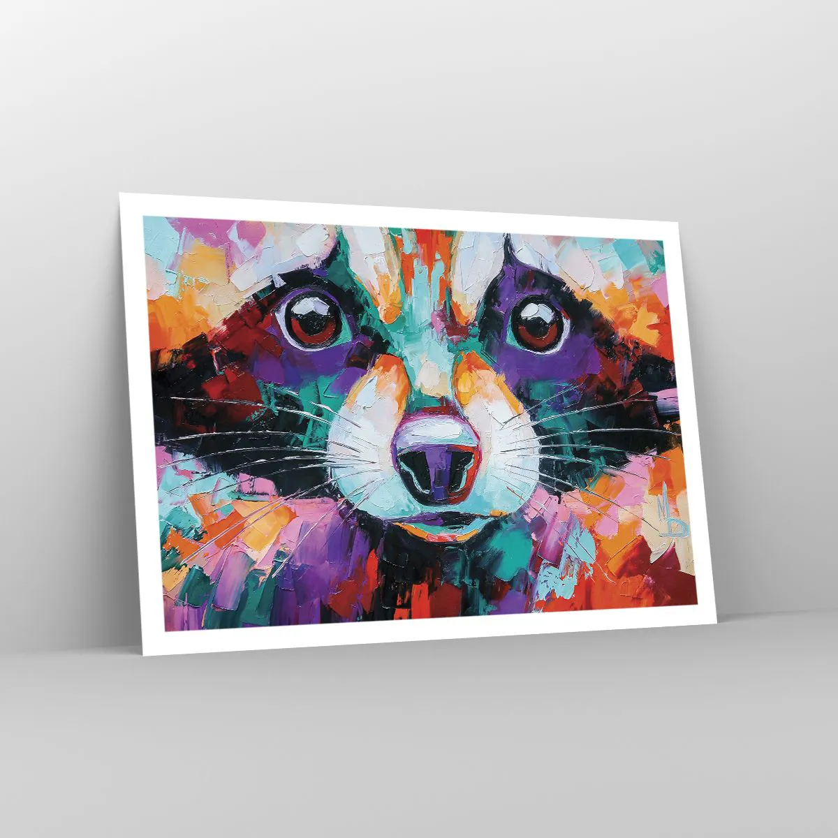 Poster - Ein farbenfrohes Porträt eines Waschbären im Stil der expressiven Malerei. - 100x70cm - Nur gute Emotionen - Moderne Wanddekoration für Wohnzimmer und Schlafzimmer ARTTOR