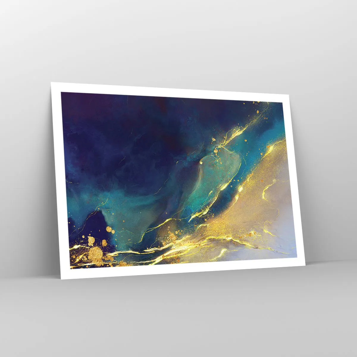 Poster - Abstrakte Komposition in Blau- und Goldtönen auf Leinwand - 100x70cm - Der goldene Teich - Moderne Wanddekoration für Wohnzimmer und Schlafzimmer ARTTOR