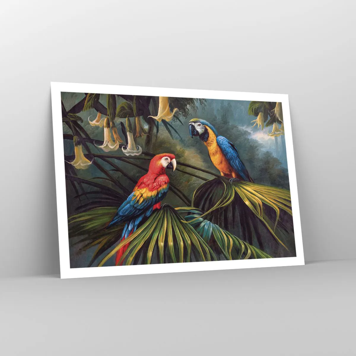 Póster - Loros en un bosque tropical con flores exóticas al fondo. - 100x70cm - Romanticismo en los trópicos - Decoración de pared moderna para salón y dormitorio ARTTOR