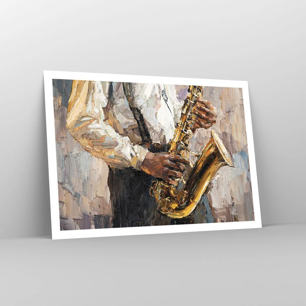 Poster - Ein Musiker, der Saxophon in einem künstlerischen Stil spielt - 100x70cm - Zeit fürs Solo - Moderne Wanddekoration für Wohnzimmer und Schlafzimmer ARTTOR