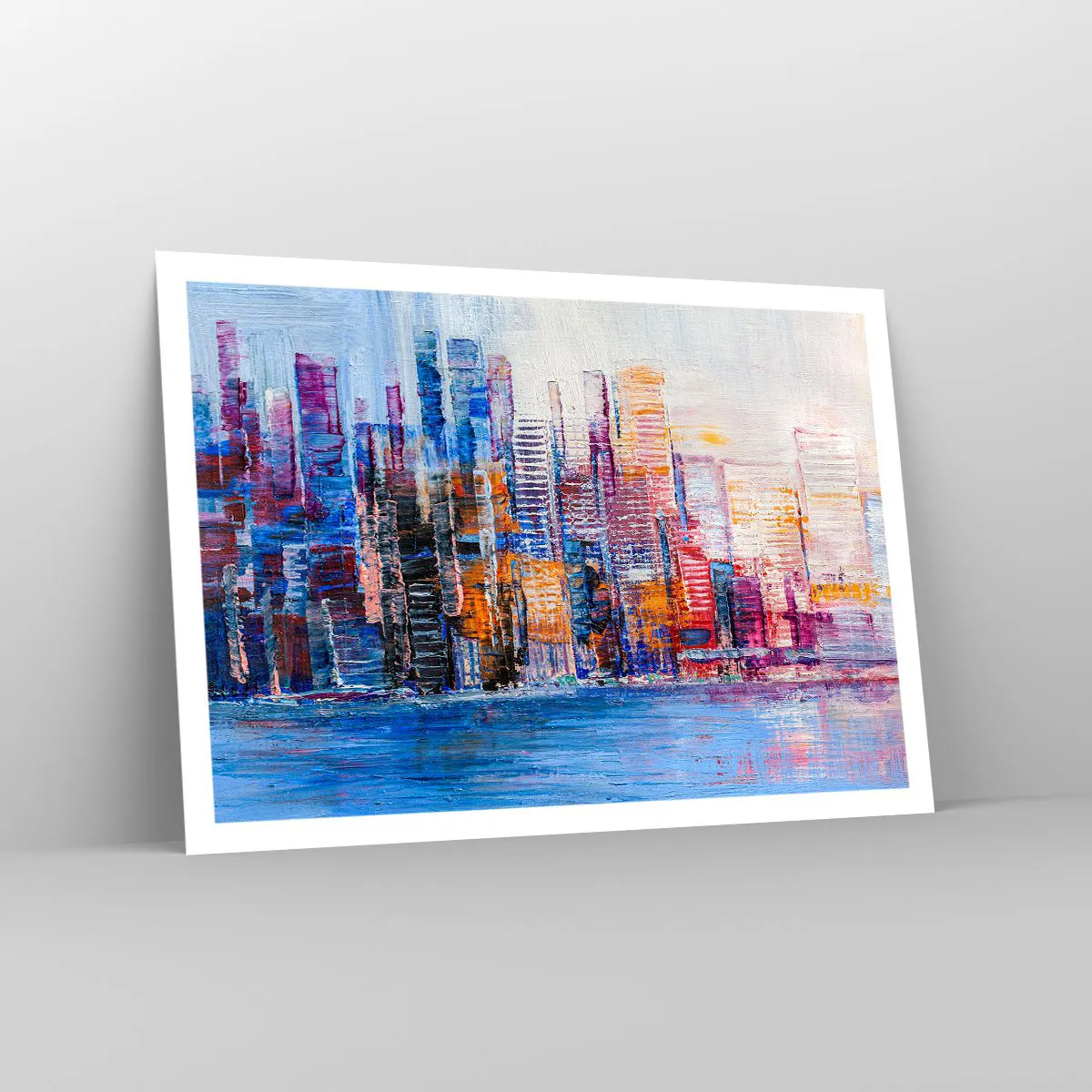 Poster - Ein farbenfrohes Panorama der Stadt mit Spiegelungen auf dem Wasser - 100x70cm - Fröhliche Metropole - Moderne Wanddekoration für Wohnzimmer und Schlafzimmer ARTTOR