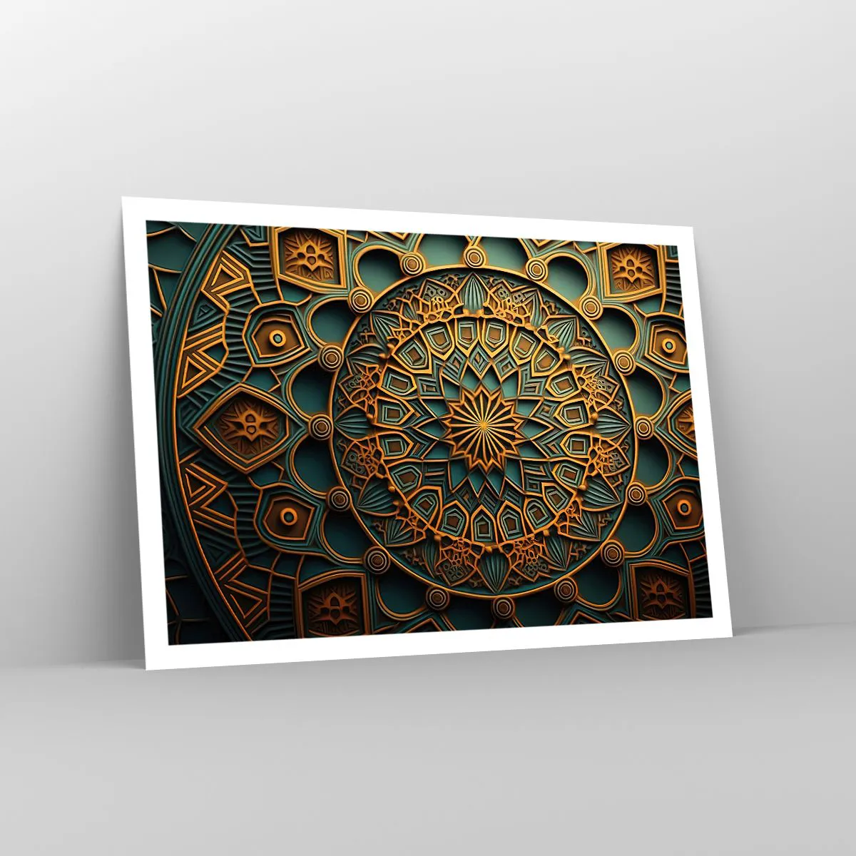 Poster - Ein goldenes Mandala auf türkisfarbenem Hintergrund mit vielen Details. - 100x70cm - In arabischer Atmosphäre - Moderne Wanddekoration für Wohnzimmer und Schlafzimmer ARTTOR