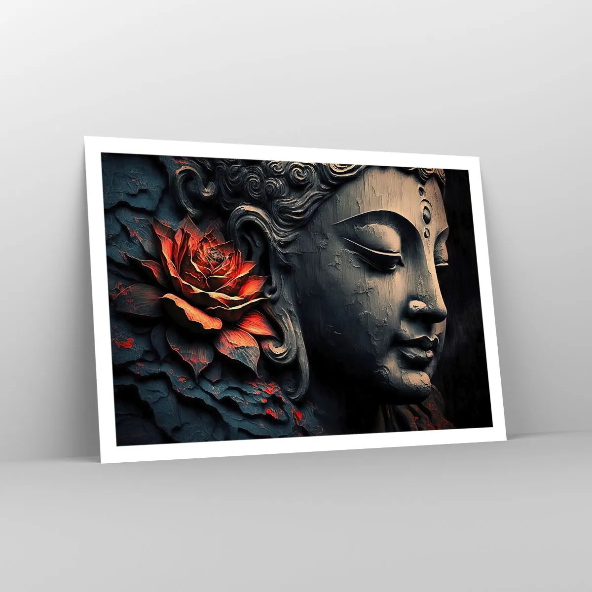 Póster - Escultura de Buda con una flor de loto roja. - 100x70cm - En sintonía con el mundo - Decoración de pared moderna para salón y dormitorio ARTTOR