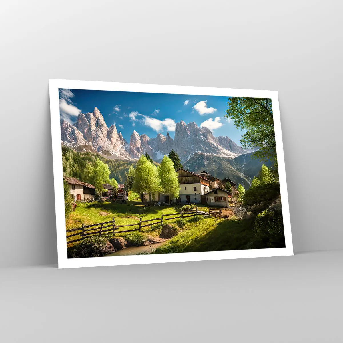 Affiche - Poster - Un village de montagne avec des maisons et une vue sur les Alpes - 100x70cm - Idylle alpine - Décoration murale moderne pour le salon et la chambre ARTTOR