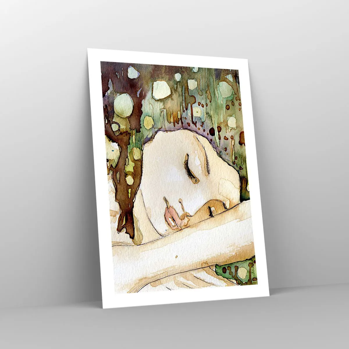 Poster - Künstlerisches Aquarellporträt einer schlafenden Frau - 50x70cm - Ein smaragd-violetter Traum - Moderne Wanddekoration für Wohnzimmer und Schlafzimmer ARTTOR