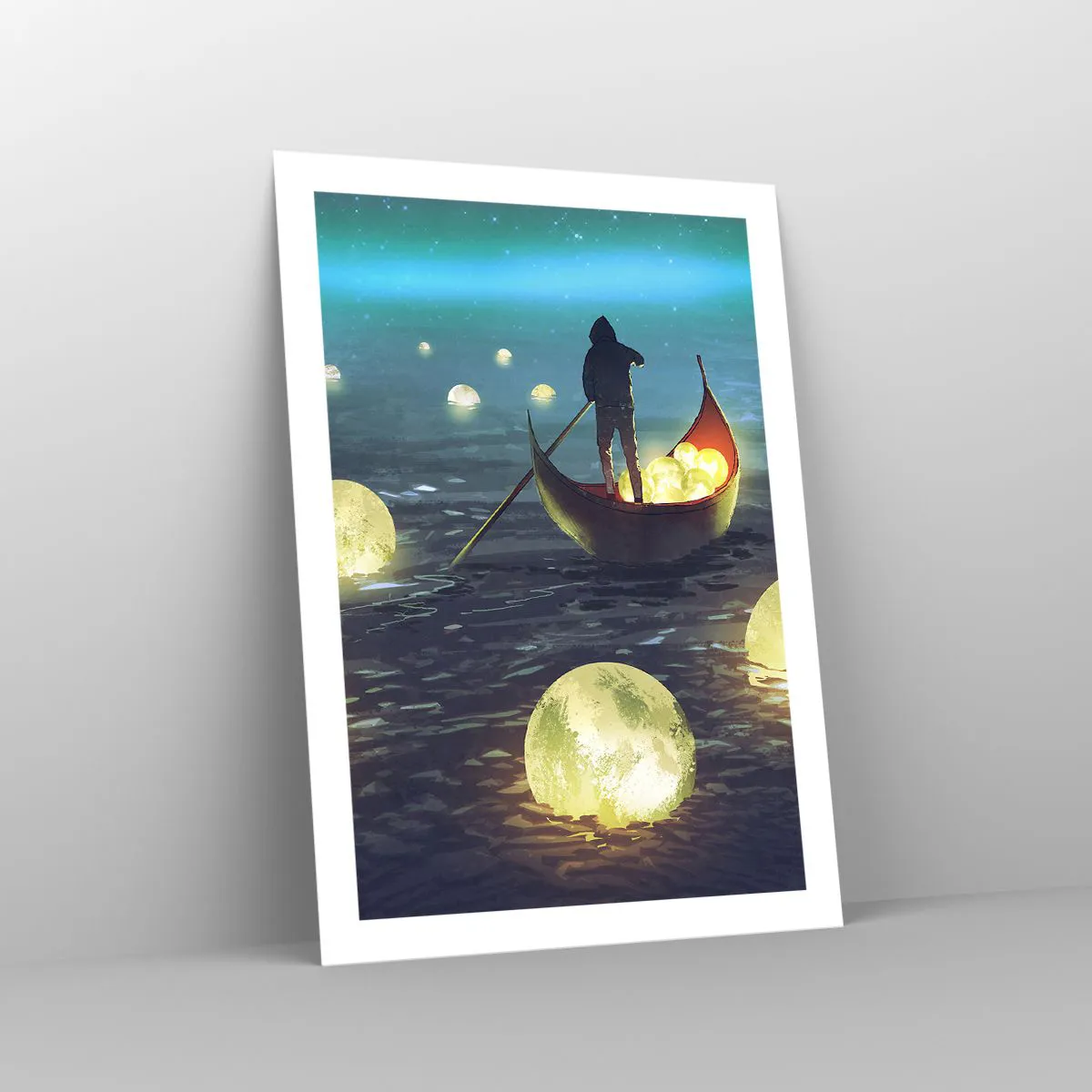 Affiche - Poster - Une silhouette sur un bateau entourée de boules lumineuses sur l'eau - 50x70cm - Des choses dont les philosophes n'ont jamais rêvé - Décoration murale moderne pour le salon et la chambre ARTTOR