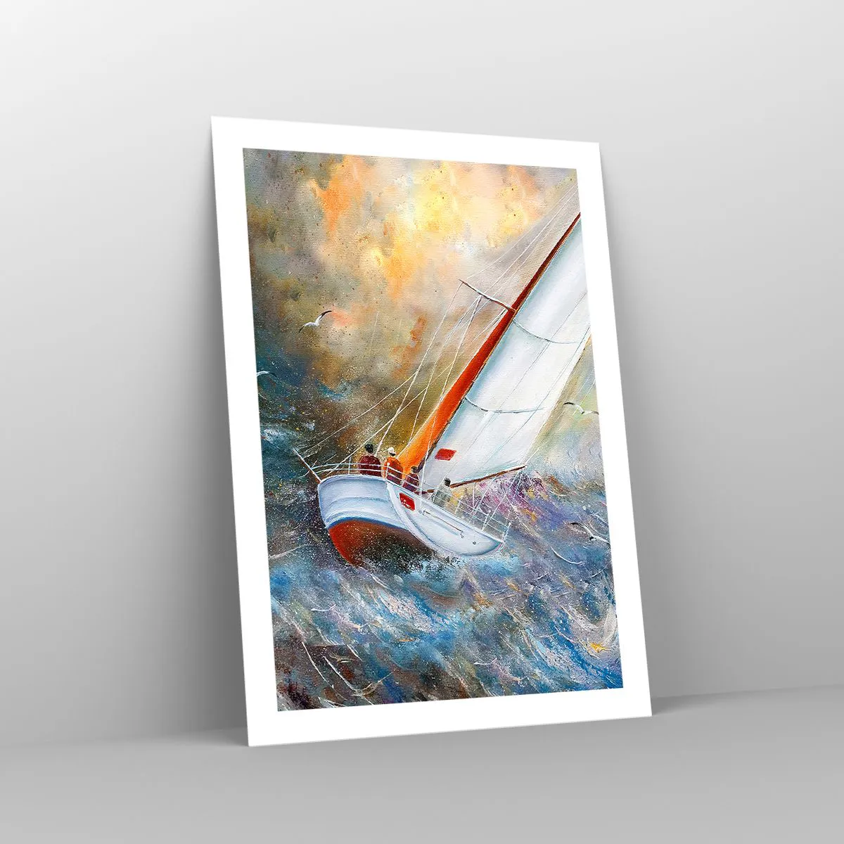 Póster - Un yate navegando en un mar tempestuoso en un paisaje pintoresco. - 50x70cm - Surcando las olas - Decoración de pared moderna para salón y dormitorio ARTTOR