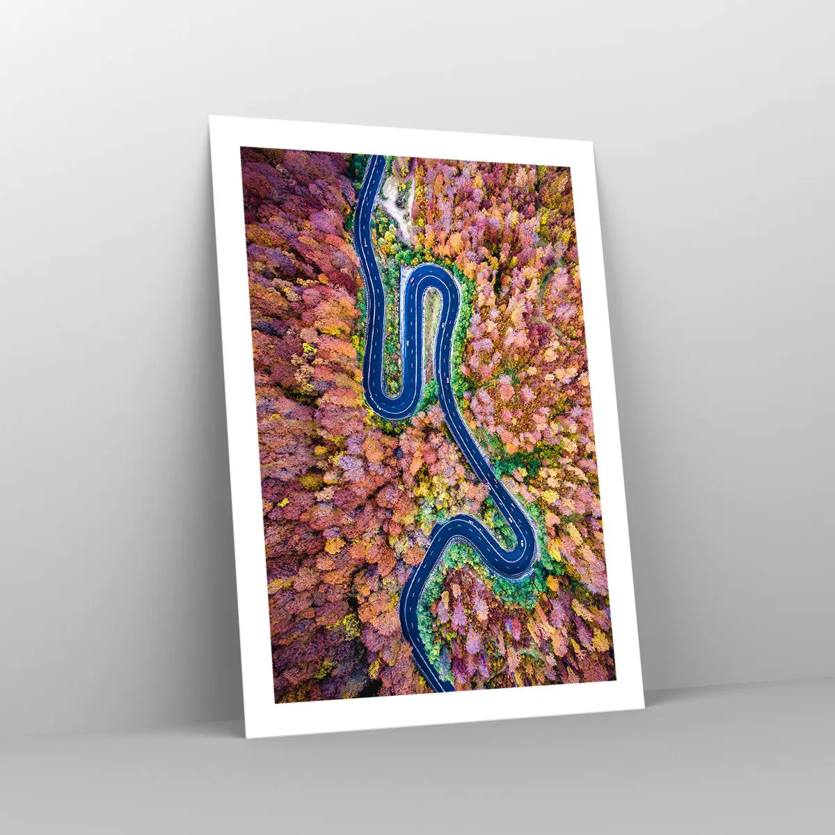 Affiche - Poster - Une route sinueuse dans une forêt d'automne vue à vol d'oiseau - 50x70cm - Route sinueuse à travers la forêt - Décoration murale moderne pour le salon et la chambre ARTTOR