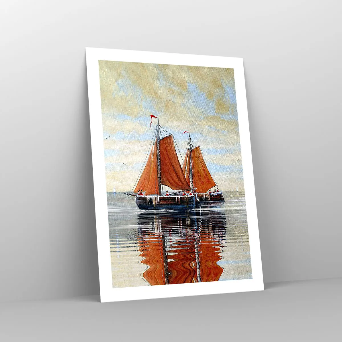 Poster - Segelboote auf ruhigem Wasser mit roten Segeln - 50x70cm - Hey, Segel, Matrose ... - Moderne Wanddekoration für Wohnzimmer und Schlafzimmer ARTTOR