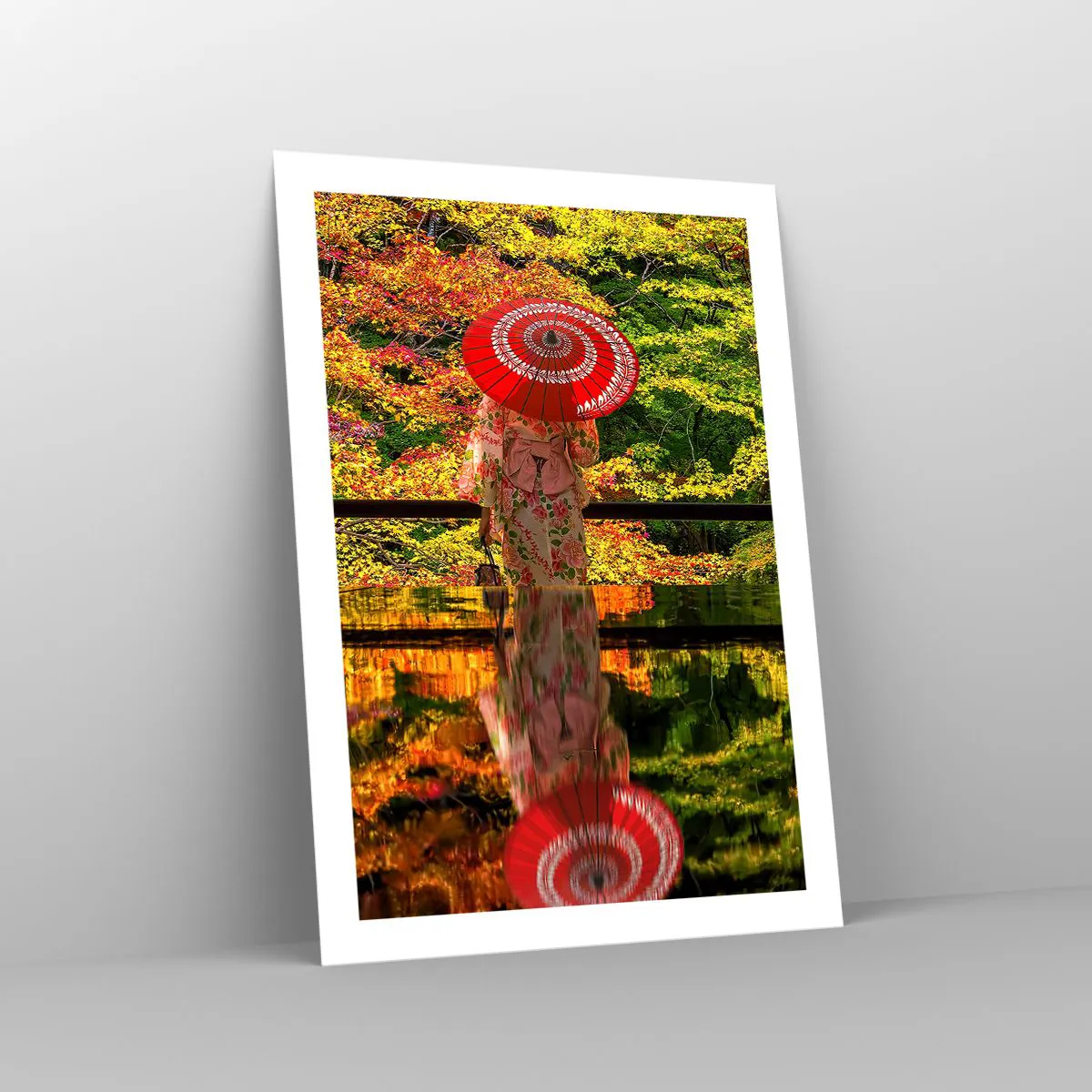 Poster - Eine Frau im Kimono mit einem roten Regenschirm vor einem Hintergrund aus Herbstblättern. - 50x70cm - Im Tempel der Natur - Moderne Wanddekoration für Wohnzimmer und Schlafzimmer ARTTOR
