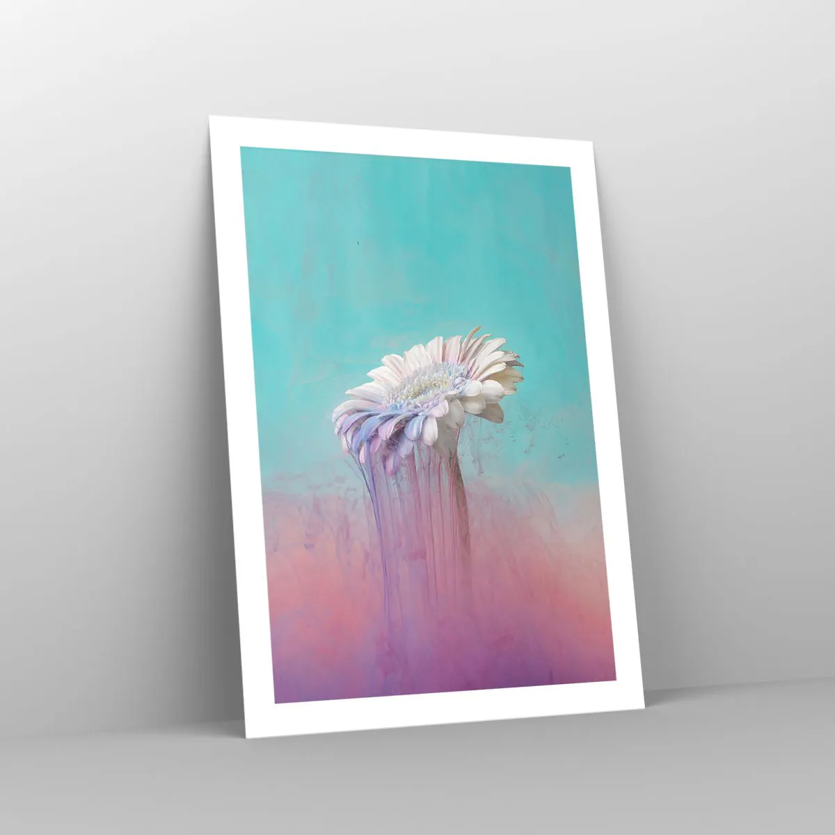 Affiche - Poster - Gerbera blanc avec des stries colorées sur fond pastel - 50x70cm - Le monde souterrain des fleurs - Décoration murale moderne pour le salon et la chambre ARTTOR