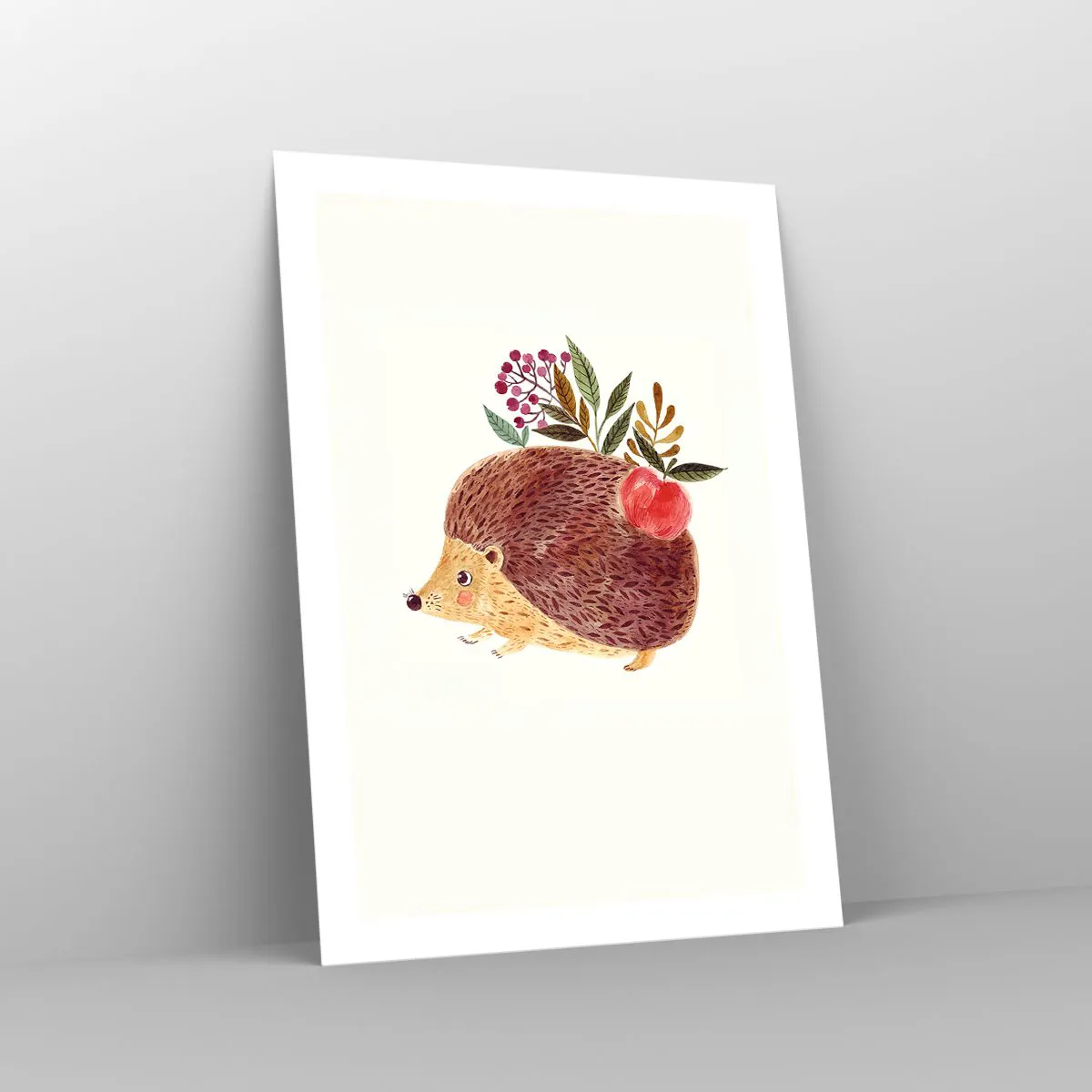 Póster - Un lindo erizo con una manzana y ramitas sobre un fondo claro. - 50x70cm - Y ya te gusto - Decoración de pared moderna para salón y dormitorio ARTTOR