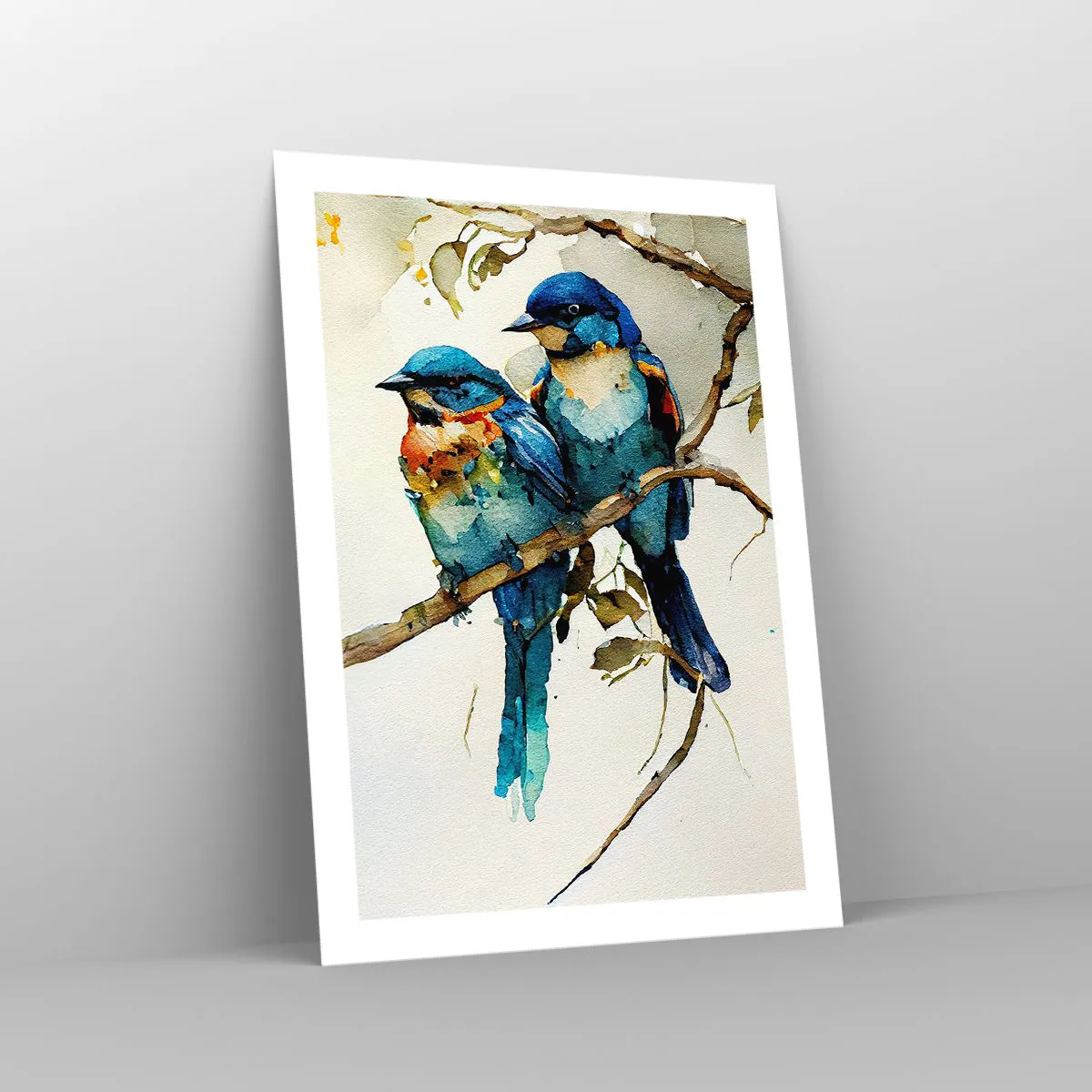 Poster - Aquarellvögel auf einem Ast in Blau- und Brauntönen - 50x70cm - War er beleidigt? - Moderne Wanddekoration für Wohnzimmer und Schlafzimmer ARTTOR