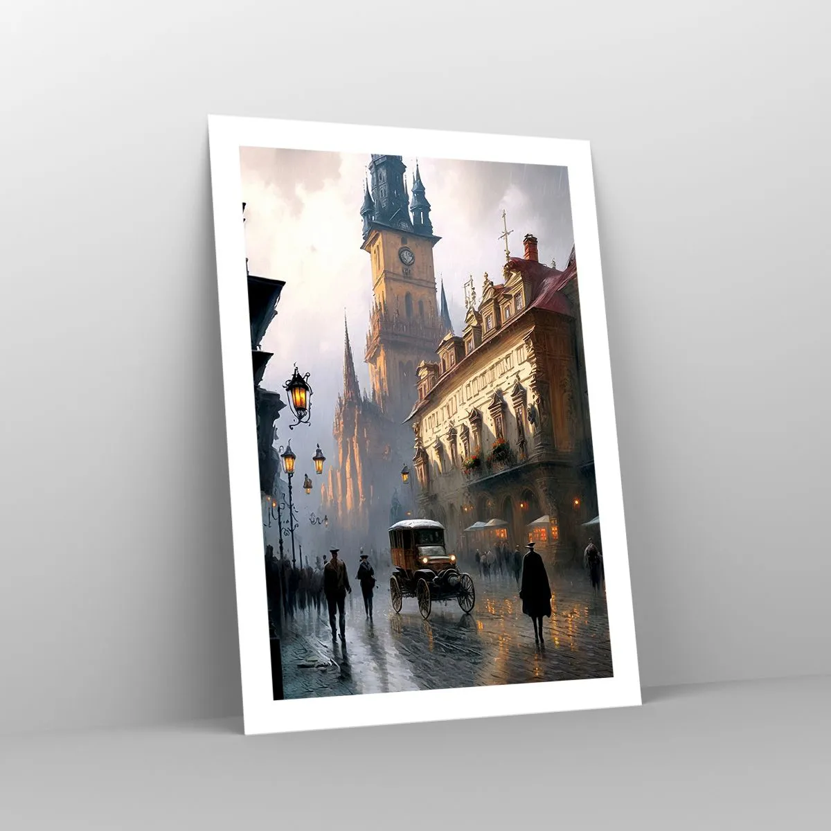 Poster - Historische Stadt in der Abenddämmerung mit einem historischen Fahrzeug - 50x70cm - Charme eines Prager Abends - Moderne Wanddekoration für Wohnzimmer und Schlafzimmer ARTTOR