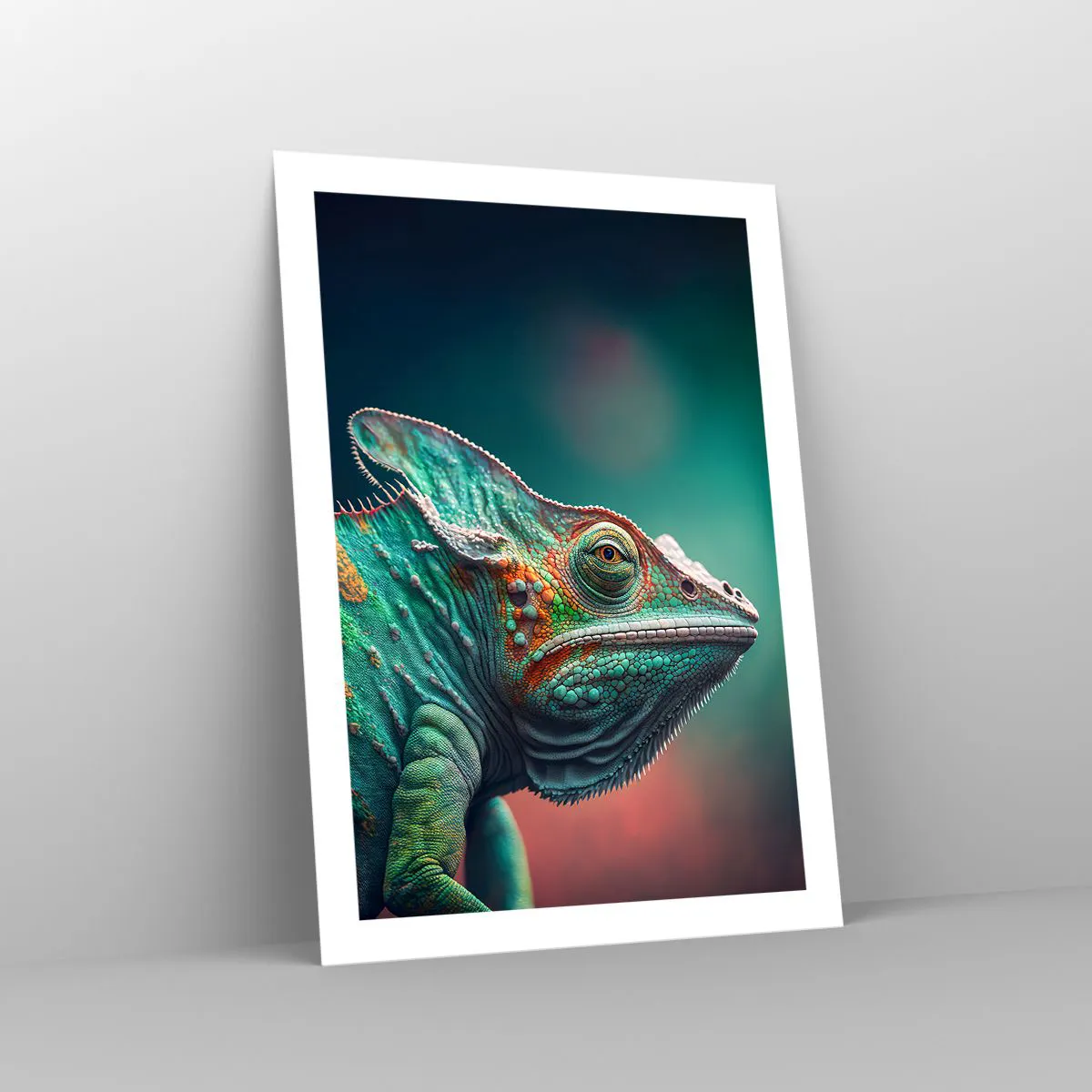 Poster - Ein farbenfrohes Chamäleon auf auffälligem Hintergrund - 50x70cm - Siehst du mich? Nicht gut… - Moderne Wanddekoration für Wohnzimmer und Schlafzimmer ARTTOR