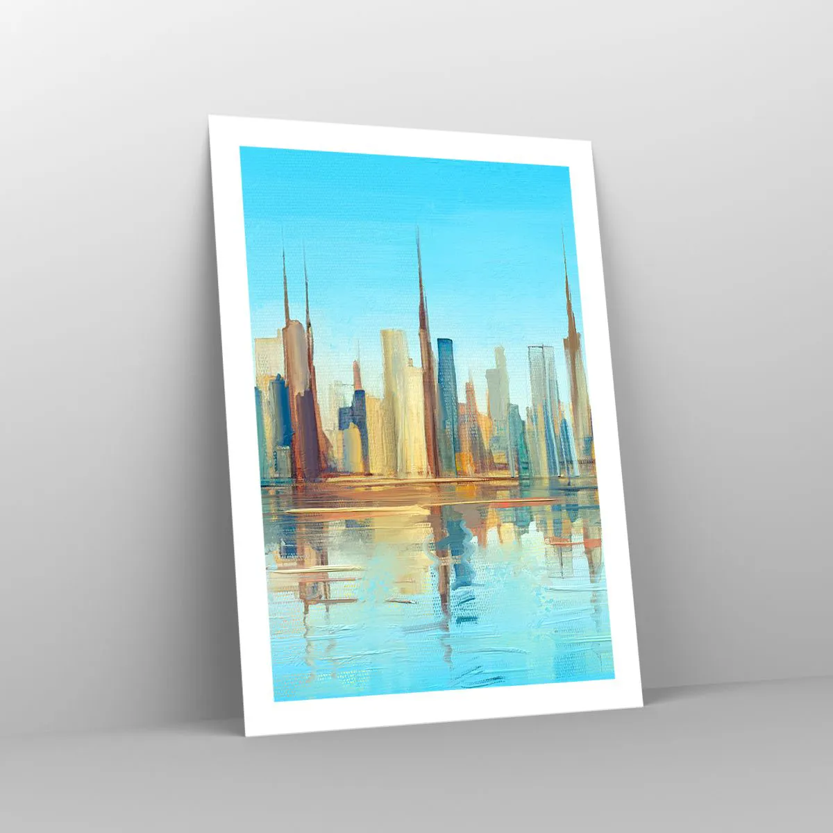 Affiche - Poster - Panorama coloré de la ville avec reflet dans l'eau - 50x70cm - Une métropole ensoleillée - Décoration murale moderne pour le salon et la chambre ARTTOR