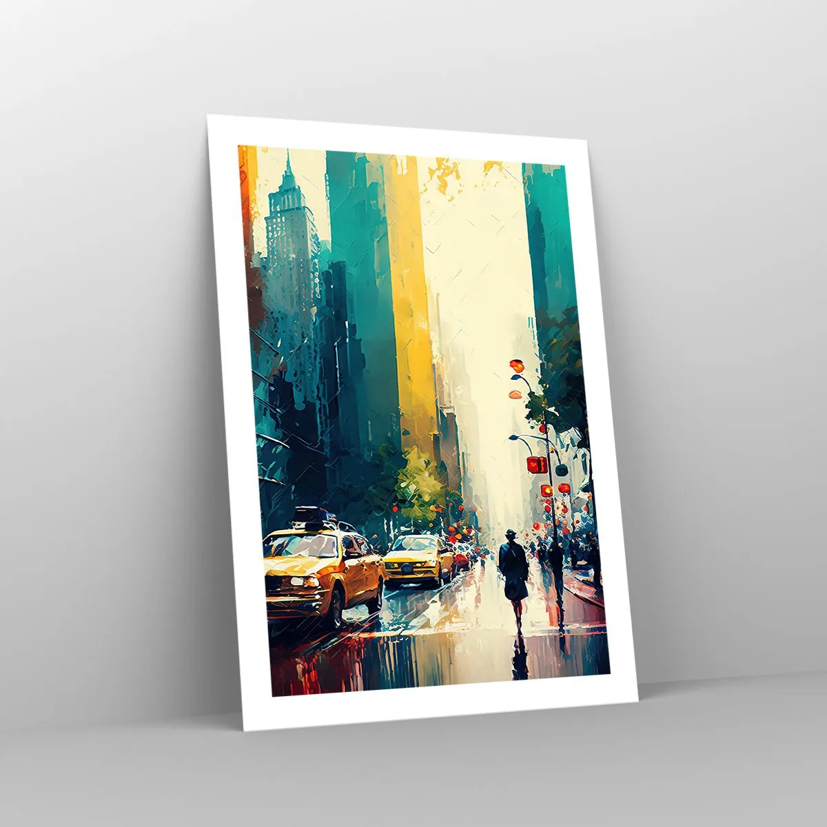 Poster - Eine bunte Straße einer Großstadt mit gelben Taxis - 50x70cm - New York – selbst der Regen ist hier bunt - Moderne Wanddekoration für Wohnzimmer und Schlafzimmer ARTTOR