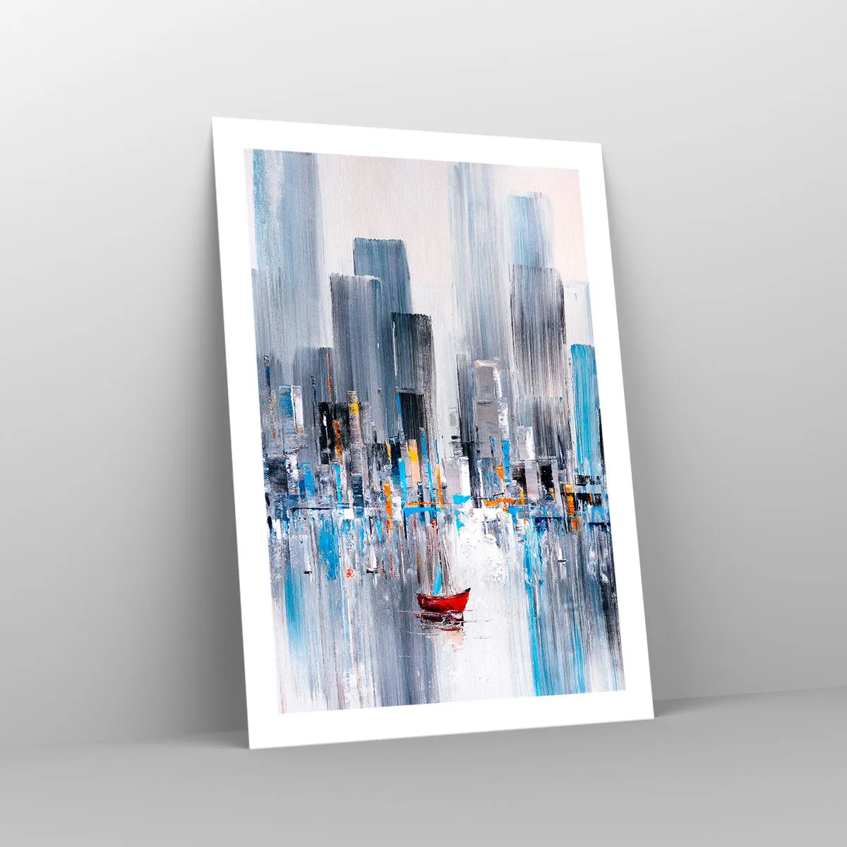 Póster - Una pintura abstracta que representa el horizonte de una ciudad sobre el agua con un barco rojo. - 50x70cm - Metrópolis junto a la bahía - Decoración de pared moderna para salón y dormitorio ARTTOR