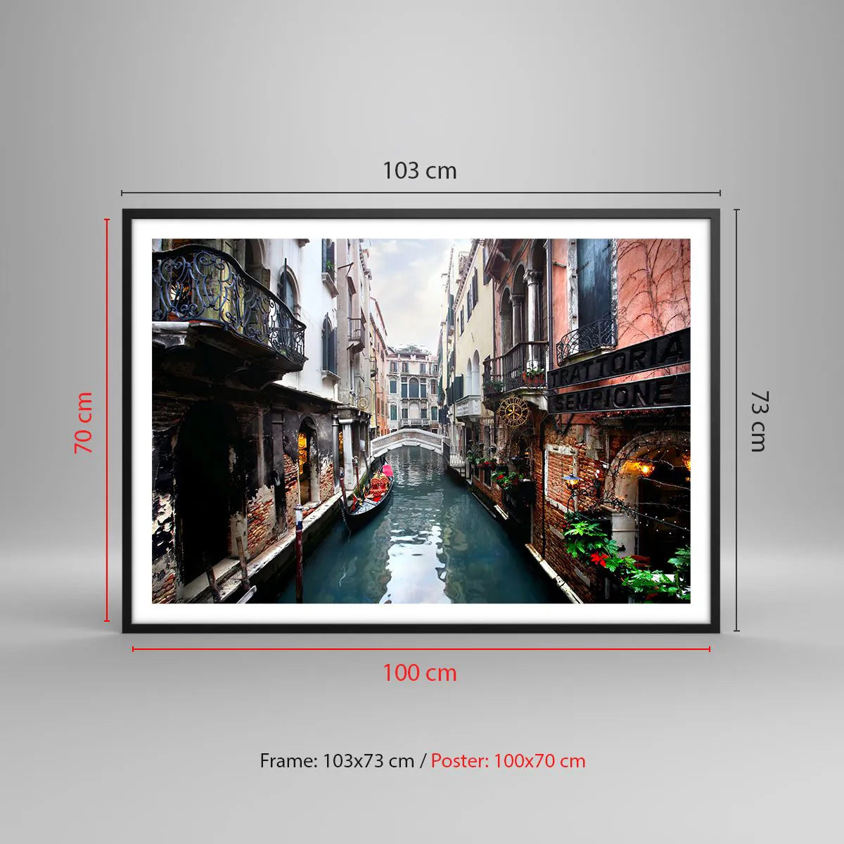 Poszter fehér keretben - Velencei táj gondolával és híddal - 100x70 cm