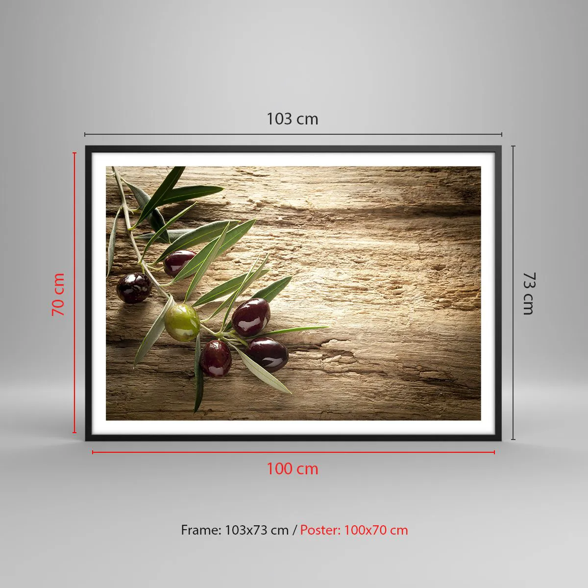 Plakat w czarnej ramie - Gałązka oliwna z owocami na tle postarzanego drewna - 100x70cm - Prosto od natury - Nowoczesna dekoracja ścienna do salonu i sypialni ARTTOR