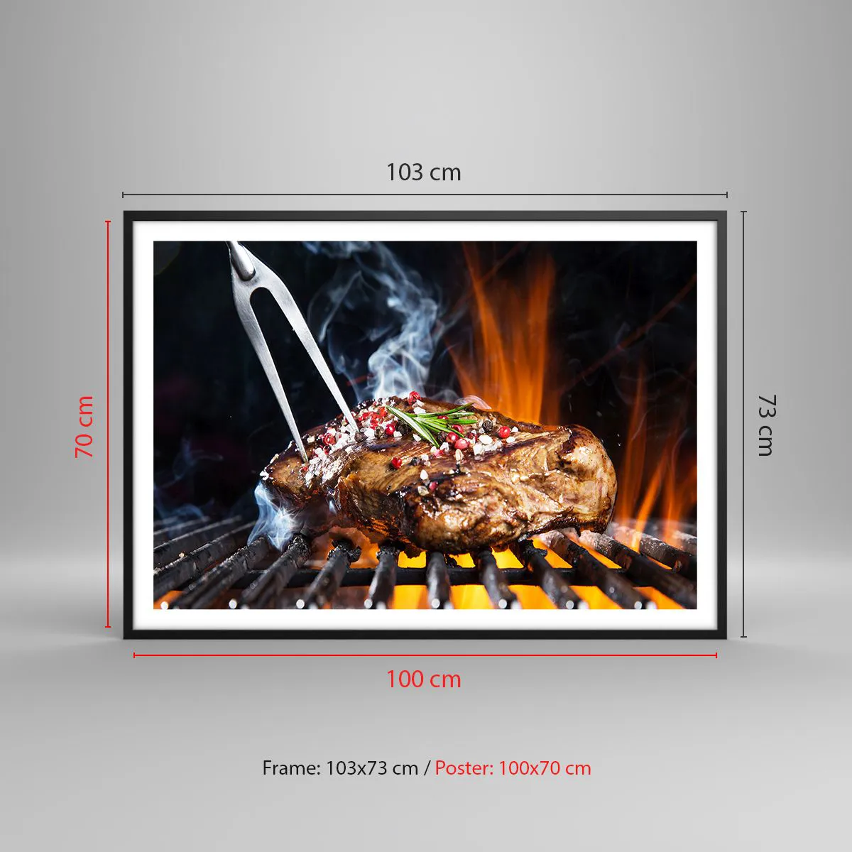 Affiche dans un cadre noir - Poster - Steak grillé sur un gril aux épices - 100x70cm - Juteux et parfumé - Décoration murale moderne pour le salon et la chambre ARTTOR
