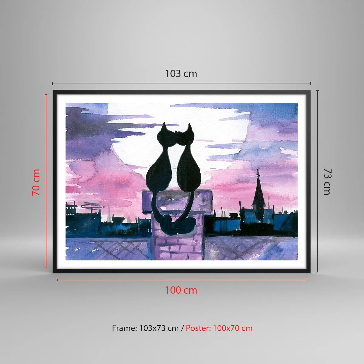 Poster in einem schwarzem Rahmen - Schwarze Katzen auf einem Dach im Mondlicht in einer Aquarell-Kulisse - 100x70cm - Rendez-vous unter dem Mond - Moderne Wanddekoration für Wohnzimmer und Schlafzimmer ARTTOR