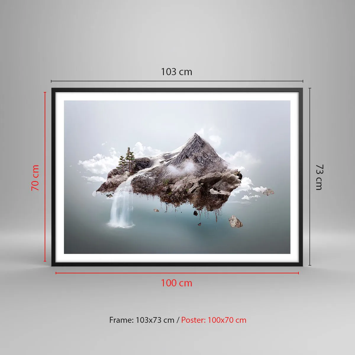 Póster en marco negro - Una montaña surrealista flotando en las nubes con una cascada. - 100x70cm - Isla surrealista - Decoración de pared moderna para salón y dormitorio ARTTOR
