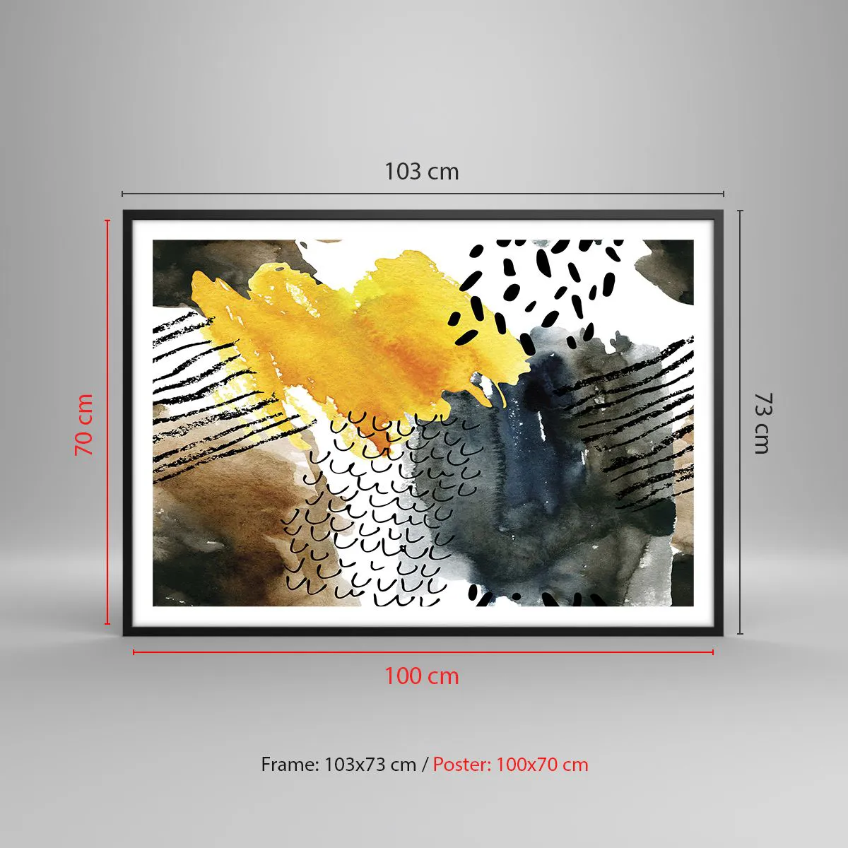 Plakat w czarnej ramie - Abstrakcyjna kompozycja z żółtymi akcentami i graficznymi wzorami - 100x70cm - Spotkanie żywiołów - Nowoczesna dekoracja ścienna do salonu i sypialni ARTTOR