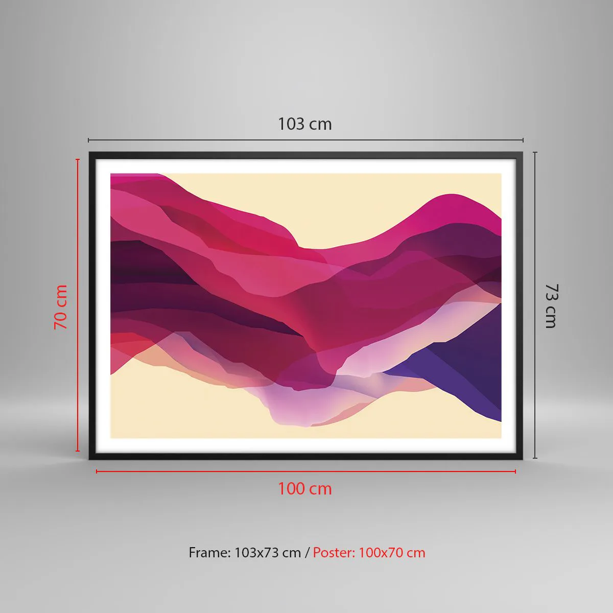 Póster en marco negro - Ondas abstractas en tonos morados y rosas sobre un fondo claro. - 100x70cm - Ondas púrpuras - Decoración de pared moderna para salón y dormitorio ARTTOR