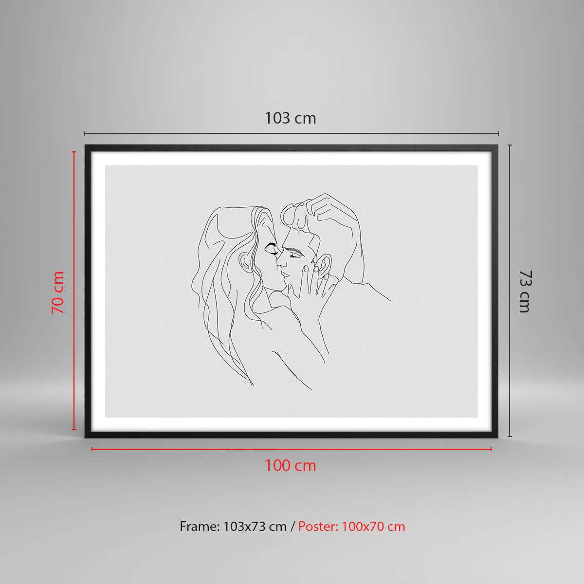 Poster in einem schwarzem Rahmen - Die Umrisse eines sich küssenden Paares auf hellem Hintergrund - 100x70cm - Dieselbe Linie - Moderne Wanddekoration für Wohnzimmer und Schlafzimmer ARTTOR