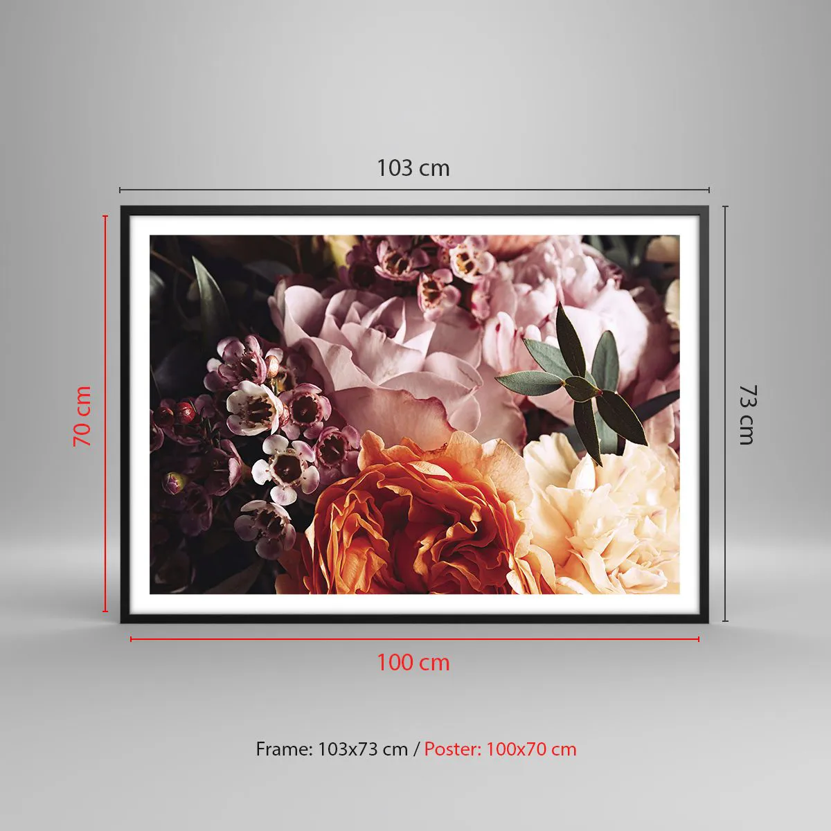 Poster in einem schwarzem Rahmen - Eine Nahaufnahme einer farbenfrohen Blumenkomposition - 100x70cm - Eingehüllt in Schönheit - Moderne Wanddekoration für Wohnzimmer und Schlafzimmer ARTTOR