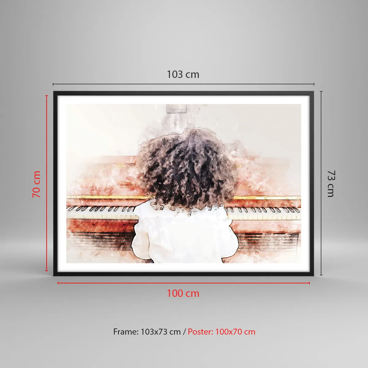 Poster in einem schwarzem Rahmen - Ein Mädchen mit buschigem Haar am Klavier - 100x70cm - In der neuen Welt - Moderne Wanddekoration für Wohnzimmer und Schlafzimmer ARTTOR